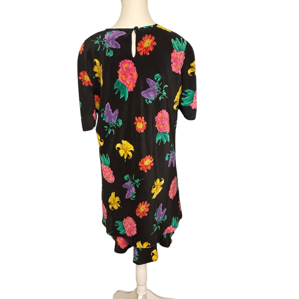 Vintage Liz Claiborne Black Floral Ruffle Hem Dress Short Sleeve Size 12 - Picture 7 of 12